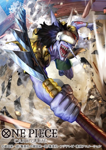 1boy aiming aiming_at_viewer andersonkun765 arlong arm_tattoo black_hair blue_skin colored_skin commentary_request copyright_name fish_boy green_shorts holding holding_weapon looking_at_viewer male_focus official_art one_piece one_piece_card_game open_clothes open_shirt pebble sharp_teeth shirt shorts smile solo tattoo teeth weapon yellow_shirt