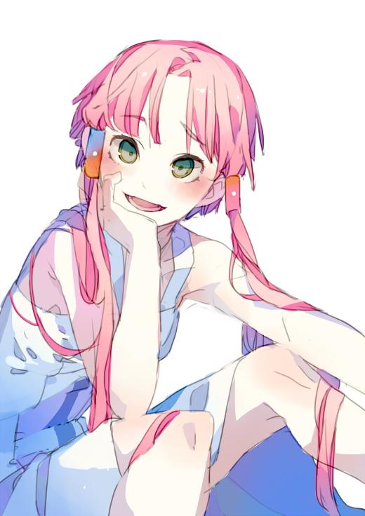 1girl aria_(manga) aria_company_uniform blush dress eyelashes feet_out_of_frame green_eyes hair_tubes hand_up head_rest knees_up looking_at_viewer lower_teeth_only mizunashi_akari mmlu_(honwa_karesu) open_mouth parted_bangs pink_hair short_hair_with_long_locks simple_background sitting sketch sleeveless sleeveless_dress solo teeth white_background white_dress