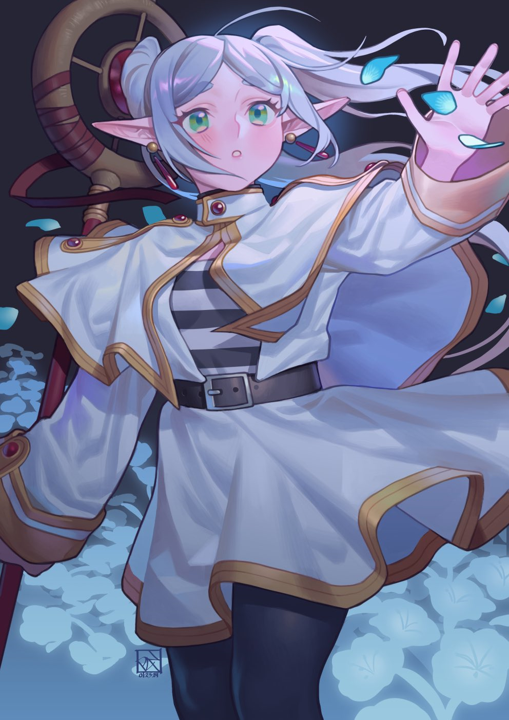 1girl belt belt_buckle black_belt black_leggings blue_petals blush breasts buckle capelet cowboy_shot earrings falling_petals frieren gold_trim green_eyes grey_hair highres holding holding_staff jewelry leggings medium_breasts outstretched_hand parted_bangs parted_lips petals poch4n pointy_ears shirt sidelocks skirt solo sousou_no_frieren staff striped_clothes striped_shirt twintails white_capelet white_skirt