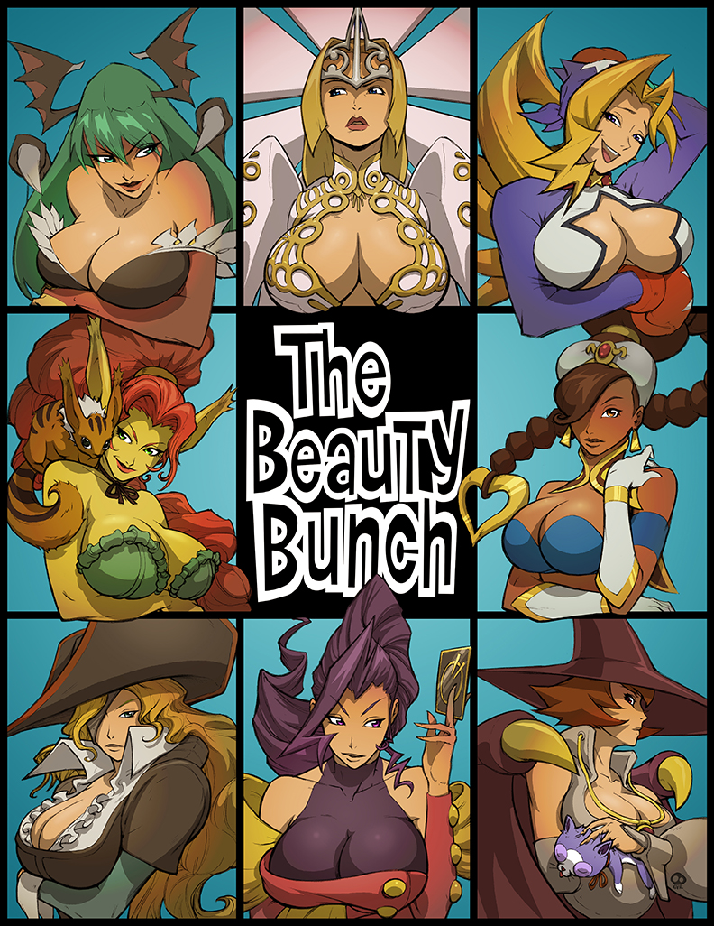 6+girls animal animal_ears animal_on_shoulder arm_behind_head bare_shoulders bat_wings battle_circuit blonde_hair blue_eyes boxing_gloves breast_hold breasts capcom card catherine_rain_bilstein choker circlet cleavage cleavage_cutout clothing_cutout colored_skin company_connection crossover dark-skinned_female dark_skin earrings elbow_gloves eric_vedder female_focus gloves gradient_background green_eyes green_hair green_skin hair_over_one_eye halterneck hat head_wings high_ponytail jewelry justice_gakuen large_breasts lipstick long_hair makeup marvel_vs._capcom marvel_vs._capcom_2 moero!_justice_gakuen morrigan_aensland multiple_girls open_mouth parody pirate_hat plasma_sword:_nightmare_of_bilstein ponytail power_stone purple_eyes red_lips ribbon rose_(street_fighter) rouge_(power_stone) ruby_heart smile star_gladiator star_gladiator_2 street_fighter tabasa the_brady_bunch tiffany_lords trait_connection upper_body darkstalkers warzard white_gloves wings witch_hat yellow_beast
