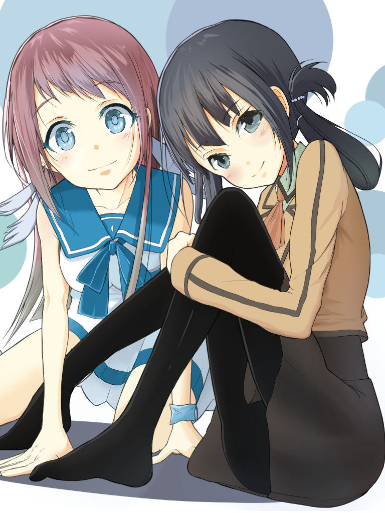 10s 2girls black_hair blue_eyes brown_hair dress folded_hair hair_rings long_hair mukaido_manaka multiple_girls nagi_no_asukara no_shoes pantyhose sailor_dress school_uniform serafuku shiodome_miuna tsuru_(tsubasa1993621) twintails