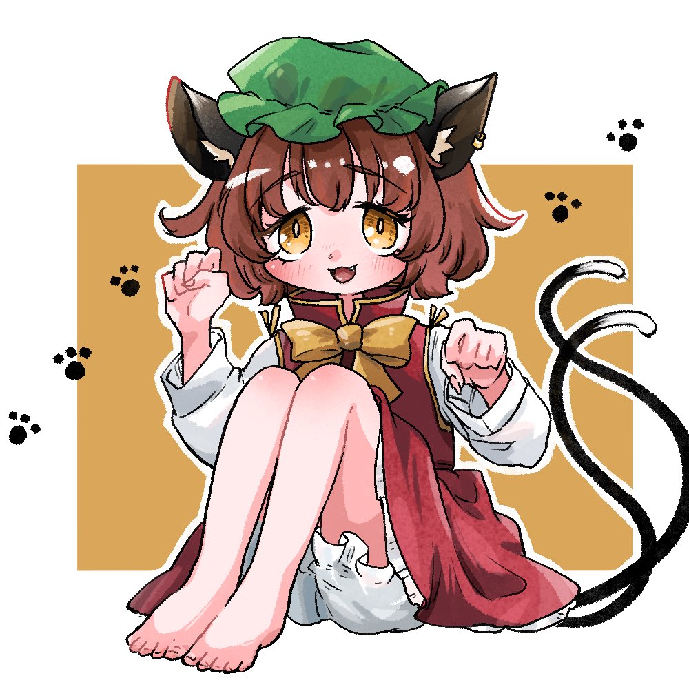 00321kakita 1girl :3 :d animal_ear_fluff animal_ear_piercing animal_ears bare_legs barefoot bloomers bow bowtie brown_background brown_eyes brown_hair cat_ears cat_tail chen commentary_request earrings fangs fingernails frills full_body hands_up hat jewelry knees_up legs_together long_fingernails long_sleeves looking_at_viewer mob_cap multiple_tails nekomata open_mouth outline paw_pose paw_print paw_print_background petticoat puffy_long_sleeves puffy_sleeves red_skirt red_vest short_hair simple_background single_earring sitting skirt skirt_set slit_pupils smile solo tail tareme toenails toes touhou two_tails underwear upskirt vest white_background white_outline yellow_bow yellow_bowtie