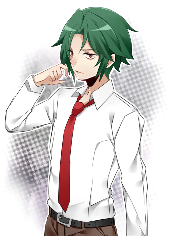 1boy belt brown_eyes collared_shirt green_hair kudoh_(misao) long_sleeves looking_at_viewer male_focus mi_(liki1020) misao necktie outline pants school_uniform shadow shirt short_hair simple_background solo white_background white_outline
