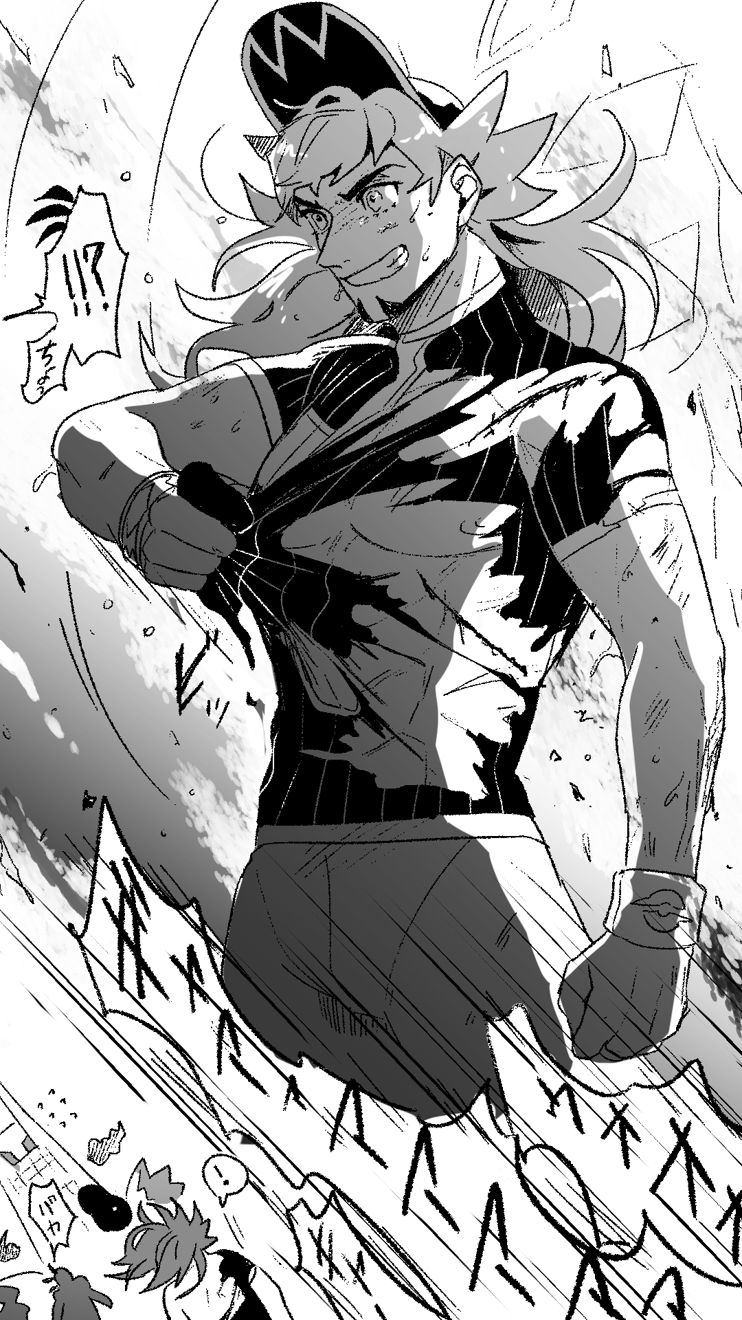! 2boys abs bad_id bad_twitter_id baseball_cap champion_uniform clenched_hand clenched_teeth commentary_request dirty duraludon dynamax_band facial_hair floating_hair gen_8_pokemon gigantamax gigantamax_duraludon greyscale guriya hat highres leon_(pokemon) long_hair male_focus monochrome multiple_boys nintendo nipples pokemon pokemon_(creature) pokemon_swsh raihan_(pokemon) shirt short_sleeves shorts spoken_exclamation_mark sweat tearing_clothes teeth torn_clothes wristband