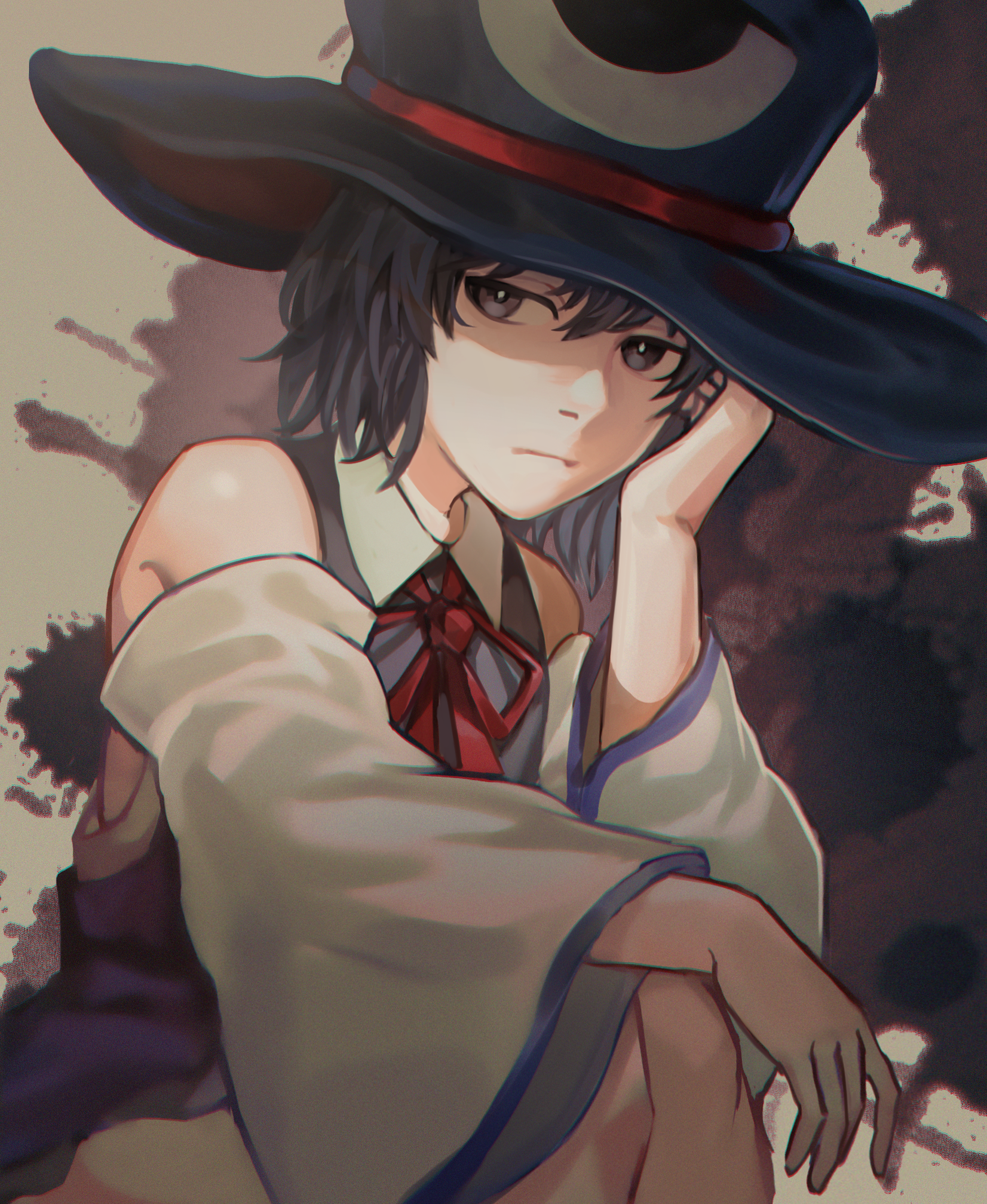 1other androgynous arm_on_knee bare_shoulders black_coat black_eyes black_hair black_hat bow bowtie chinese_commentary closed_mouth coat collar collared_coat commentary_request detached_sleeves enraku_tsubakura eye_of_senri eye_on_hat frown hand_in_own_hair hat highres ink_splatter len'en long_sleeves looking_at_viewer purple_trim red_bow red_bowtie red_hat sdz_(inazuma) short_hair sitting sleeveless sleeveless_coat solo top_hat two-sided_fabric two-sided_headwear white_background white_collar white_sleeves wide_sleeves