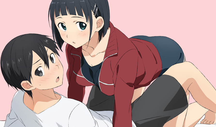 1boy 1girl black_hair black_shorts blue_shorts blush bob_cut breasts collarbone cousins hair_between_eyes hair_ornament hairclip jacket kirigaya_suguha kirito large_breasts long_sleeves looking_at_viewer red_jacket shirt short_hair shorts sword_art_online track_jacket white_shirt