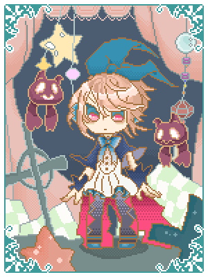 1girl animated animated_gif blonde_hair blue_ribbon dark_background efina hair_ribbon lieat lowres pixel_art red_eyes ribbon solo source_request star_ornament
