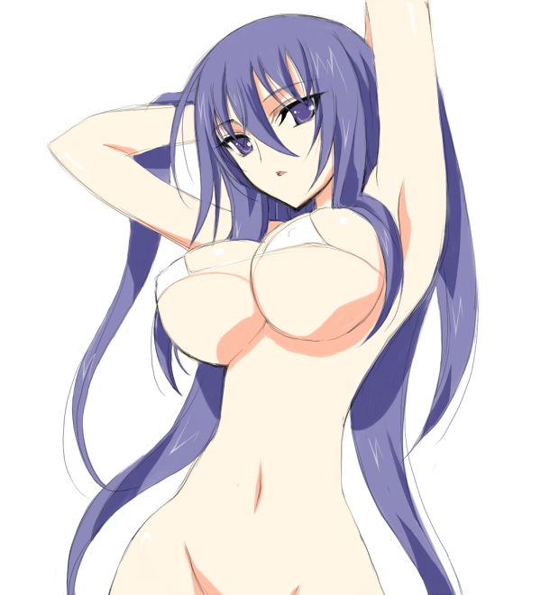 1girl armpits arms_behind_head arms_up bikini bikini_top_only blue_eyes blue_hair bottomless breasts covered_erect_nipples female_focus himemiya_chikane kaishaku kannazuki_no_miko large_breasts long_hair looking_at_viewer matching_hair/eyes micro_bikini narrow_waist navel solo swimsuit very_long_hair
