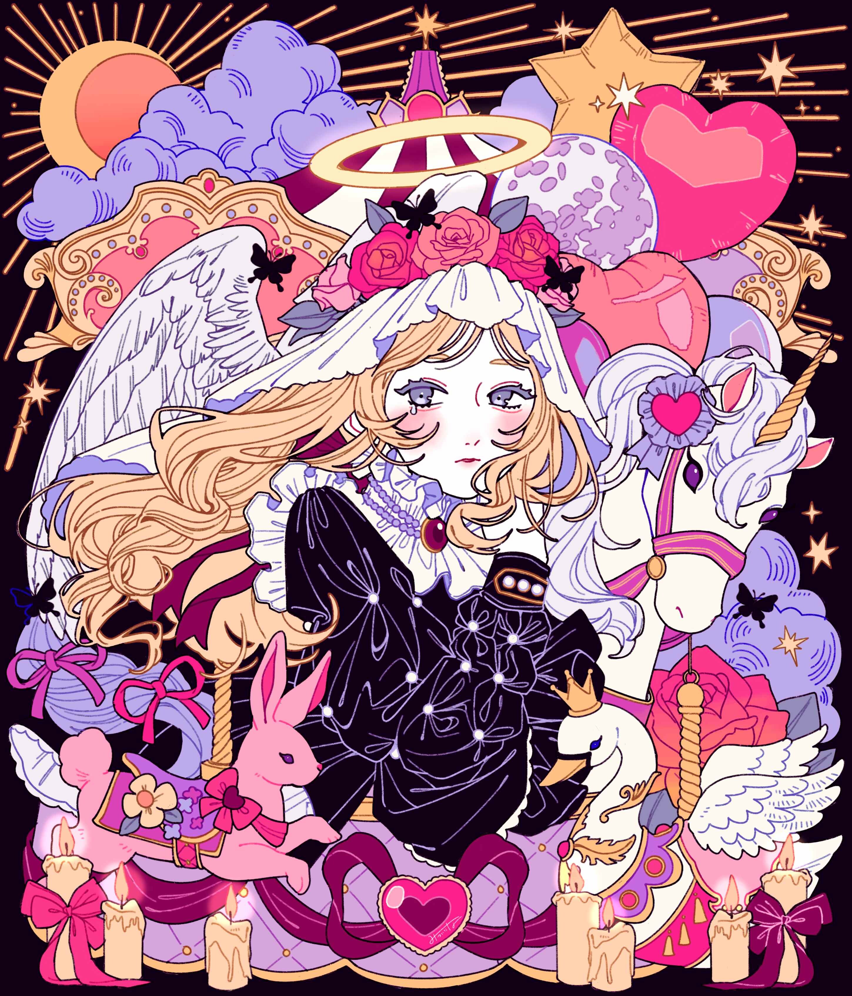 1girl absurdres animal balloon bird black_background blonde_hair bow candle carousel cloud colored_eyelashes eyelashes feathered_wings fire flower flower_wreath frills full_moon gem grey_eyes halo head_wreath highres horse lips long_hair looking_to_the_side makeup moon mtirn3373 original parted_lips pink_bow pink_flower pink_rose rabbit rose rouge_(makeup) solo star_(symbol) sun swan upper_body white_wings wings wreath yellow_halo
