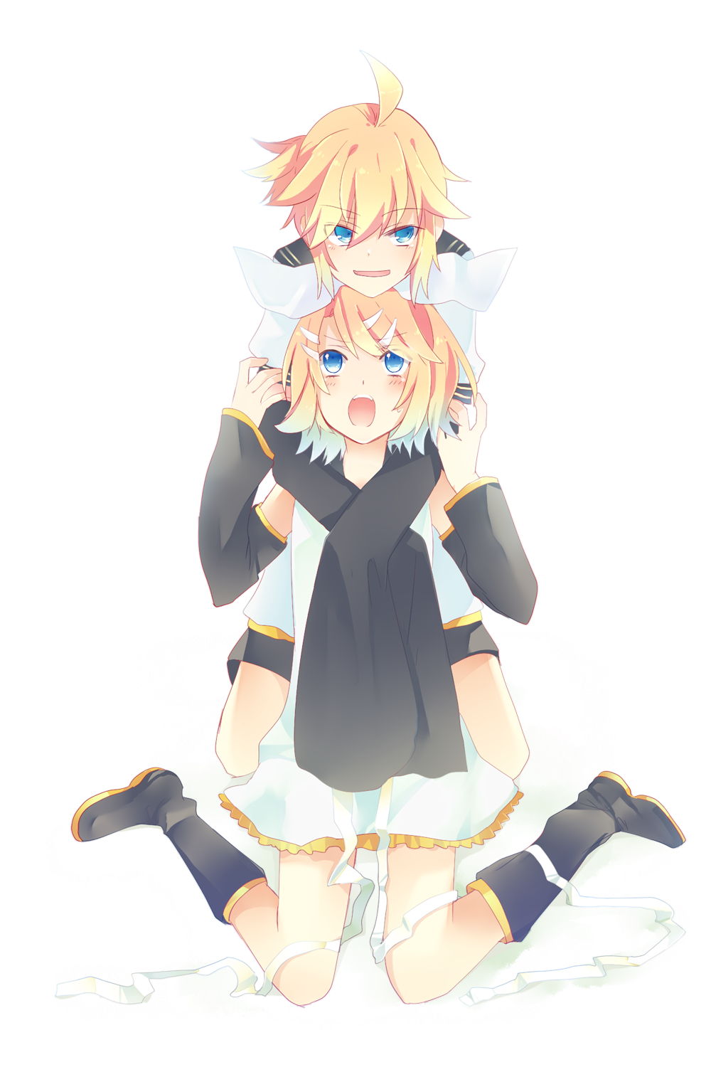 1boy 1girl aqua_eyes arm_warmers bad_id bad_piapro_id blonde_hair boots brother_and_sister hetero highres hug kagamine_len kagamine_rin kaisaki open_mouth short_hair shorts siblings simple_background smile transparent_background vocaloid