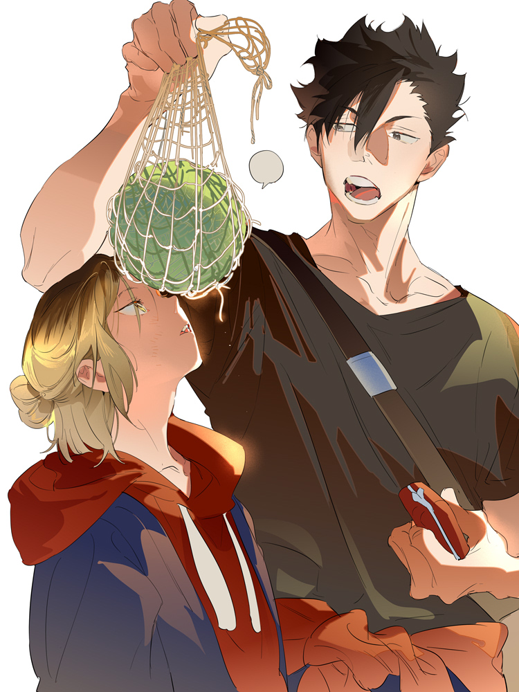 2boys adam&#039;s_apple atie1225 bag black_hair black_shirt blank_speech_bubble blonde_hair chinese_commentary clothes_around_waist collarbone commentary_request crew_neck drawstring food fruit gradient_hair grey_eyes haikyuu!! hair_between_eyes hair_bun hair_intakes head_back holding holding_wallet hood hood_down hoodie kozume_kenma kuroo_tetsurou layered_clothes looking_at_another looking_up male_focus melon multicolored_hair multiple_boys net open_mouth parted_lips red_hoodie shirt shopping_bag single_hair_bun speech_bubble t-shirt teeth tongue upper_body wallet yellow_eyes