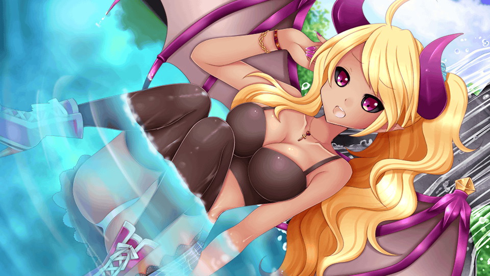 1girl artist_request bare_shoulders bat_wings black_sclera black_tank_top black_thighhighs blonde_hair blue_skirt bracelet breasts cleavage colored_sclera crop_top cross cross_necklace demon_girl demon_tail fountain game_cg gyaru heart heart_necklace high_heel_sneakers high_heels high_tops horns jewelry large_breasts lethe_(monster_musume) long_hair looking_at_viewer midriff monster_musume_no_iru_nichijou monster_musume_no_iru_nichijou_online navel necklace official_art open_mouth outdoors panties partially_submerged pink_eyes pink_nails pink_shoes plaid_clothes plaid_skirt pleated_skirt ponytail scrunchie shoes sitting skirt sneakers solo swept_bangs tail tan tank_top teeth thighhighs underwear upper_teeth_only white_panties wings