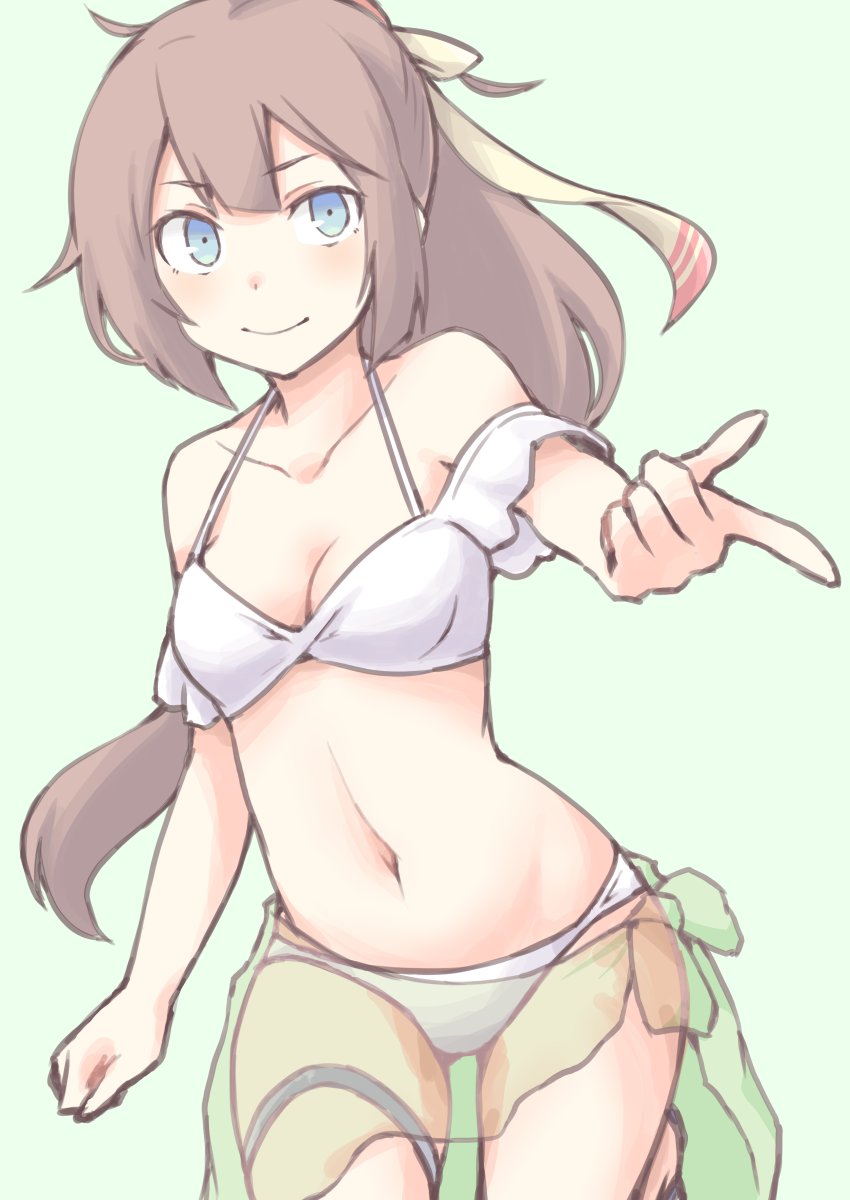 1girl akara_kai bikini breasts brown_hair cowboy_shot grey_eyes hair_ribbon highres kantai_collection kazagumo_(kancolle) kazagumo_kai_ni_(kancolle) kazagumo_kai_ni_(swimsuit)_(kancolle) long_hair navel official_alternate_costume ponytail ribbon sarong see-through_clothes see-through_sarong small_breasts solo swimsuit white_bikini