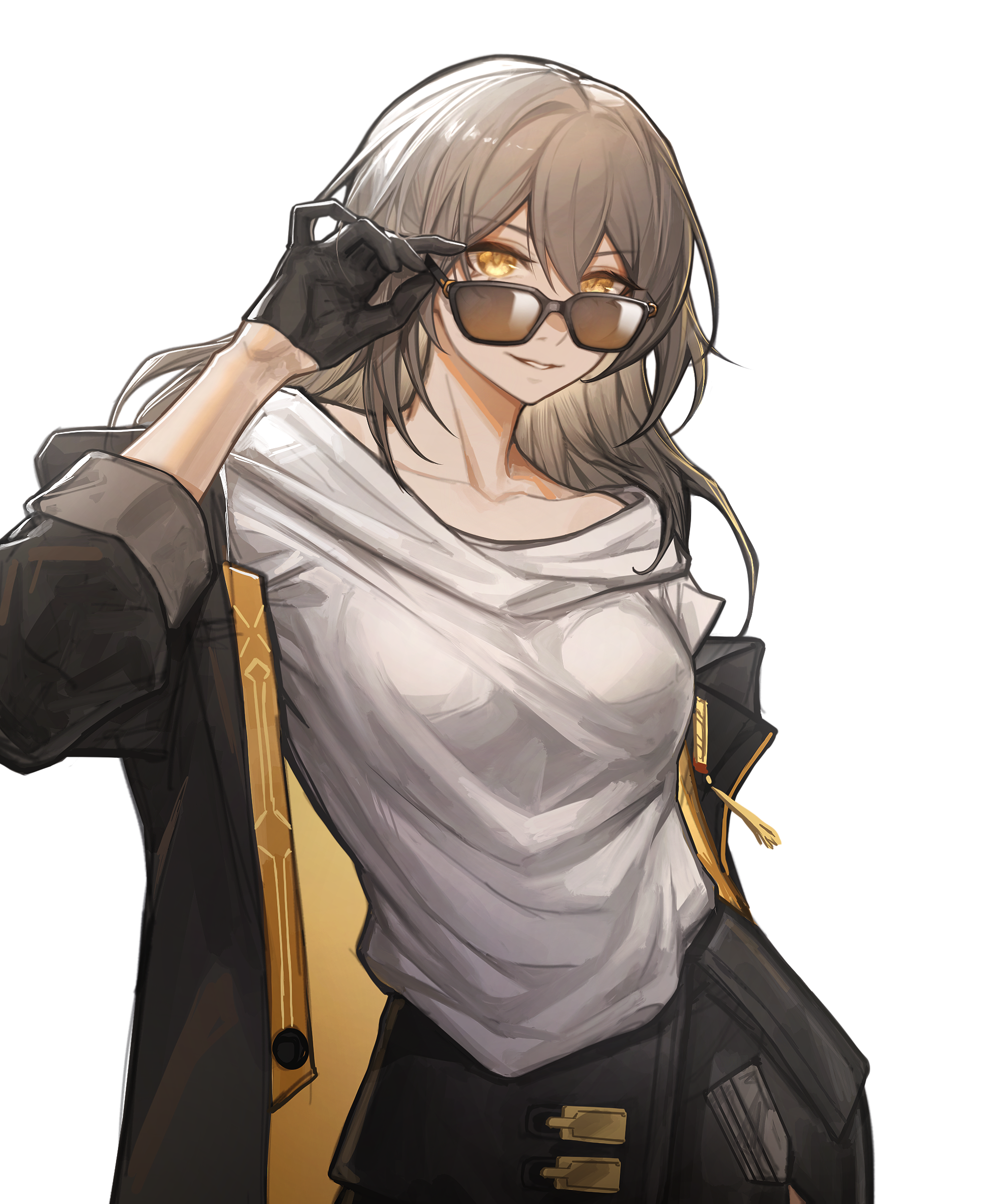 1girl absurdres black_gloves black_jacket black_skirt breasts collarbone commentary cowboy_shot deka_yo english_commentary gloves grey_hair hair_between_eyes hand_up highres honkai:_star_rail honkai_(series) jacket large_breasts long_hair looking_at_viewer open_clothes open_jacket shirt simple_background skirt smile solo stelle_(honkai:_star_rail) sunglasses trailblazer_(honkai:_star_rail) white_background white_shirt yellow_eyes