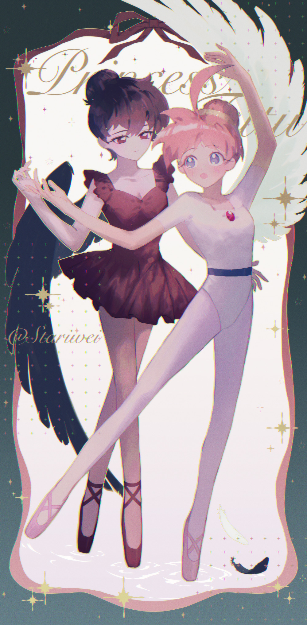 2girls ahiru_(princess_tutu) ahoge arm_up artist_name athletic_leotard ballerina ballet ballet_slippers black_feathers black_hair black_wings blue_eyes collarbone copyright_name dress en_pointe feathered_wings feathers full_body gem hair_bun highres leotard looking_at_another multiple_girls pink_hair pink_shoes princess_kraehe princess_tutu princess_tutu_(character) red_dress red_eyes red_gemstone rue_(princess_tutu) shoes single_hair_bun standing standing_on_one_leg stariwei tutu white_feathers white_leotard white_wings wings