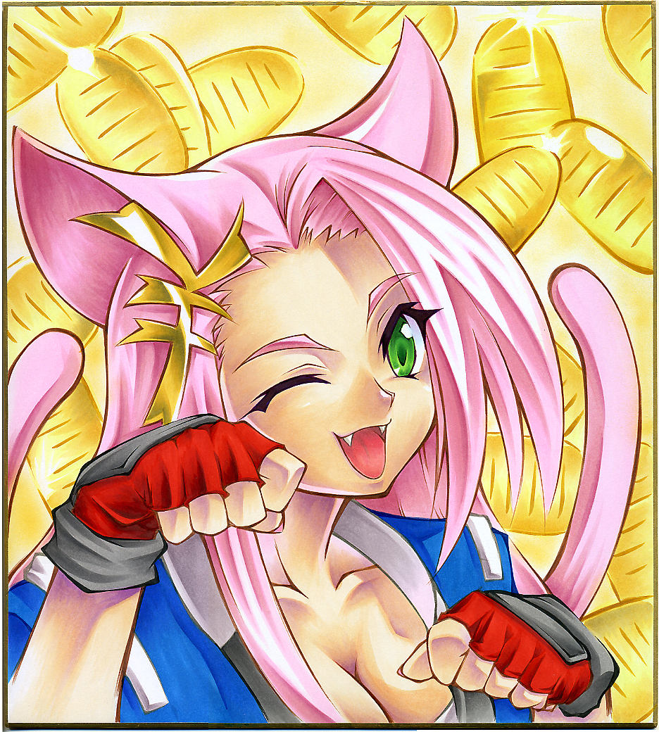 1girl animal_ears banpresto breasts calnarsa cat_ears cat_tail cleavage coin female_focus green_eyes koma_(srw) multiple_tails one_eye_closed pink_hair shikishi solo super_robot_wars super_robot_wars_og_saga_mugen_no_frontier tail wink