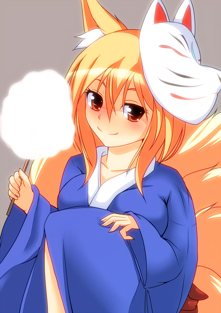 1girl alternate_costume animal_ears blonde_hair blue_kimono breasts cotton_candy female_focus fingernails food fox_ears fox_mask fox_tail grey_background hand_on_own_knee holding holding_cotton_candy holding_food japanese_clothes kimono knee_up looking_at_viewer mask medium_breasts merry_(diameri) multiple_tails short_hair simple_background smile solo tail touhou yakumo_ran yellow_eyes yukata