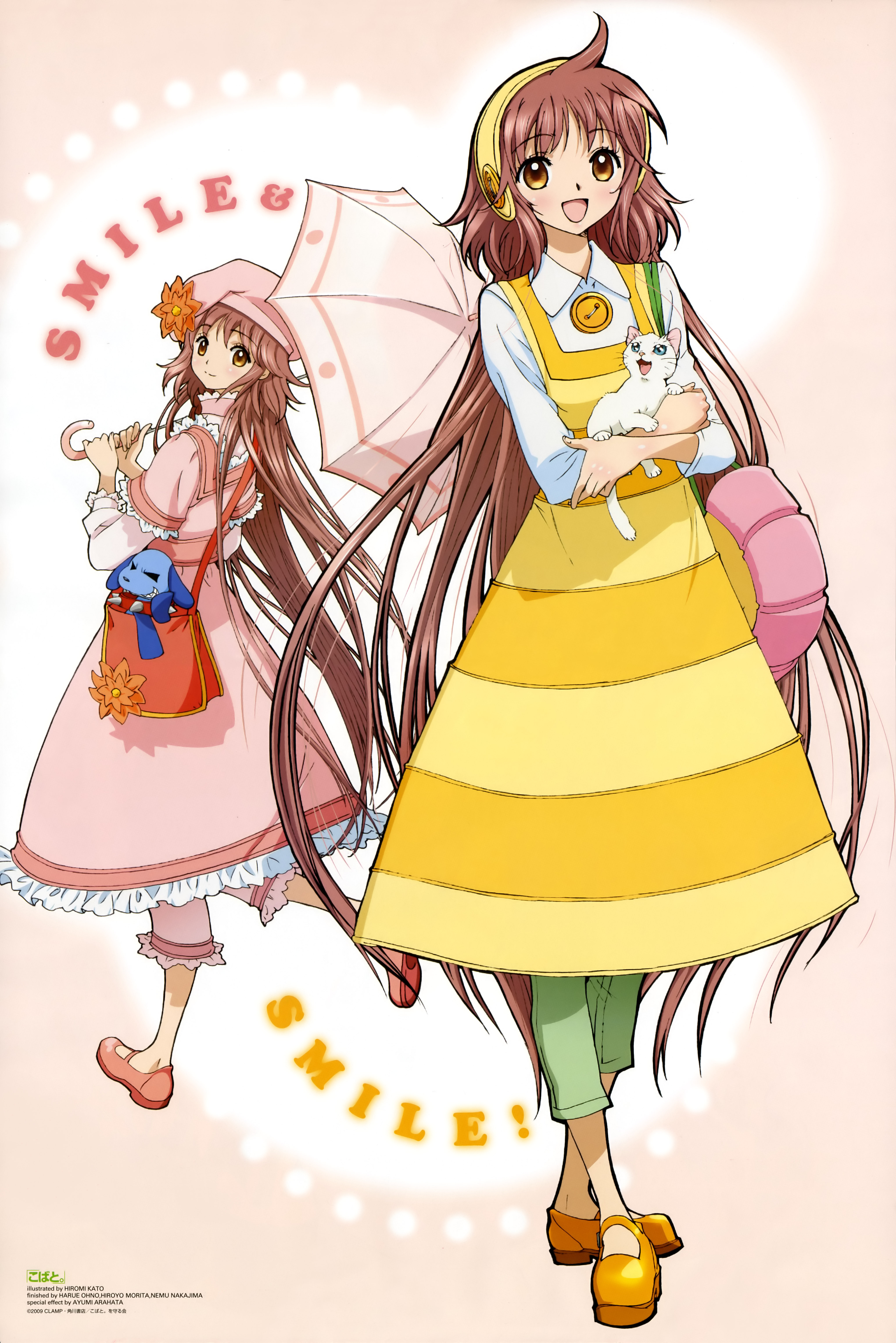 00s 2girls absurdres ahoge brown_eyes brown_hair cat dog dress dual_persona hairband hanato_kobato hat highres ioryogi katou_hiromi kobato. long_hair multiple_girls newtype non-web_source official_art open_mouth parasol scan shoes smile stuffed_animal stuffed_toy umbrella very_long_hair