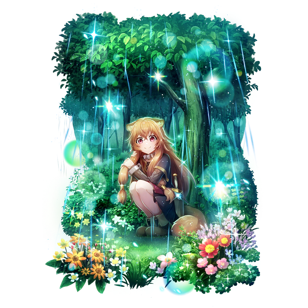 1girl animal_ear_fluff animal_ears ankle_boots artist_request black_dress boots brown_boots brown_hair bush child closed_mouth collar day dress eyelashes flower flower_request forest full_body game_cg glint grey_dress hair_between_eyes holding holding_own_hair knife knife_sheath light_particles long_hair long_sleeves looking_at_viewer messy_hair metal_collar metal_hair_tubes metal_wrist_cuffs nature official_art pink_flower pinstripe_dress pinstripe_pattern pleated_dress raccoon_ears raccoon_girl raccoon_tail rain raphtalia red_dress red_eyes red_flower sheath sheathed short_dress short_sleeves simple_background smile solo sparkle squatting tail tate_no_yuusha_no_nariagari tate_no_yuusha_no_nariagari_rerise transparent_background tree white_flower yellow_flower