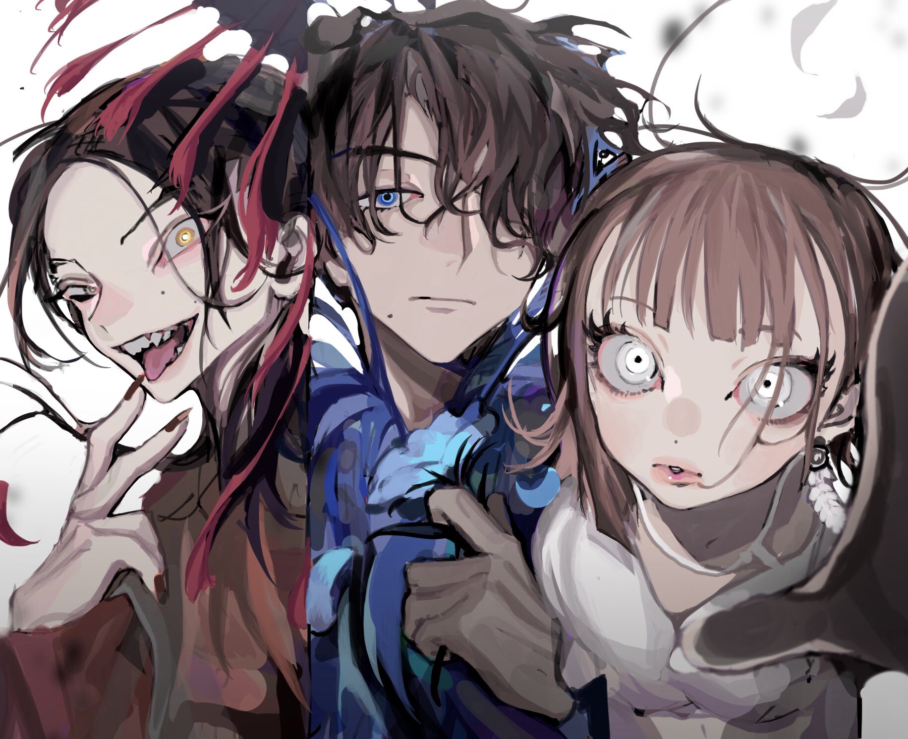 1girl 2boys animification avataro_sentai_donbrothers blue_eyes blue_jacket blue_vest brown_eyes brown_jacket commentary_request hair_over_one_eye highres jacket long_hair looking_at_viewer multiple_boys ponytail realzigaga short_hair sonoi_(donbrothers) sononi_(donbrothers) sonoza_(donbrothers) super_sentai umbrella upper_body vest weapon white_background white_jacket