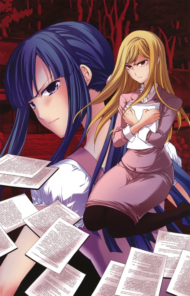 2girls angry blonde_hair blue_hair blunt_bangs brown_eyes formal_clothes furude_rika&#039;s_mother higurashi_no_naku_koro_ni holding holding_paper long_hair matsuribayashi-hen multiple_girls official_art pantyhose paper papers ponytail purple_eyes seiza sitting skirt skirt_suit suit suzuragi_karin takano_miyo