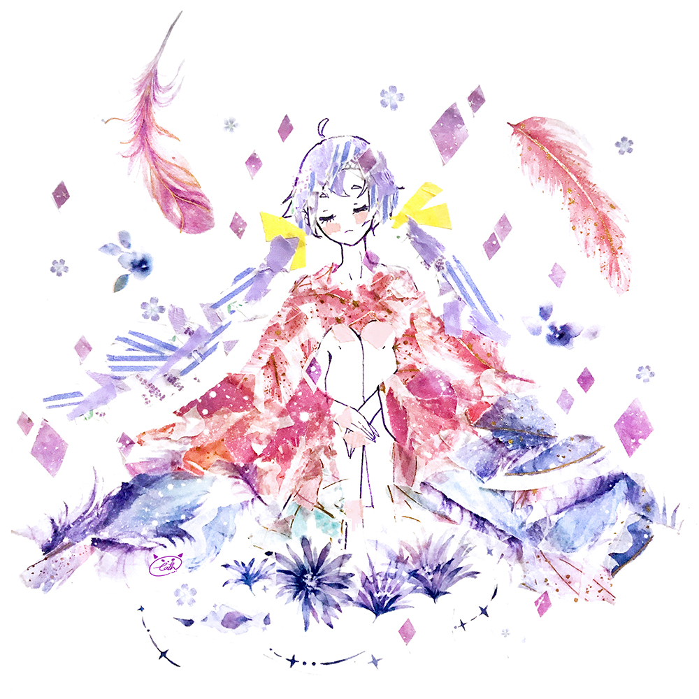 1girl abstract ahoge bare_legs blush cathinthecloud closed_eyes closed_mouth commentary dress english_commentary facing_viewer feathers flower frown full_body hair_ribbon hugging_own_legs knees_up long_hair masking_tape_(medium) mixed_media original parted_bangs pink_dress purple_flower purple_hair ribbon sidelocks signature solo straight-on traditional_media twintails unconventional_media very_long_hair white_background wide_sleeves yellow_ribbon