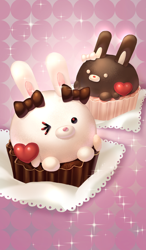 animal-themed_food beppu_mitsunaka chocolate_lady_no_karasawagi commentary cupcake fate/grand_order fate_(series) food food_art food_focus heart no_humans official_art pink_background pink_theme rabbit sparkle third-party_source