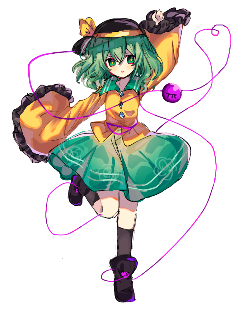 1girl arm_up black_boots black_hat black_socks boots bright_pupils chinese_commentary collared_shirt commentary_request flat_chest frilled_sleeves frills green_eyes green_hair green_skirt hat hat_ribbon huangdouliuhan komeiji_koishi long_sleeves medium_hair no_nose open_mouth ribbon shirt skirt sleeves_past_wrists socks touhou yellow_pupils yellow_ribbon yellow_shirt