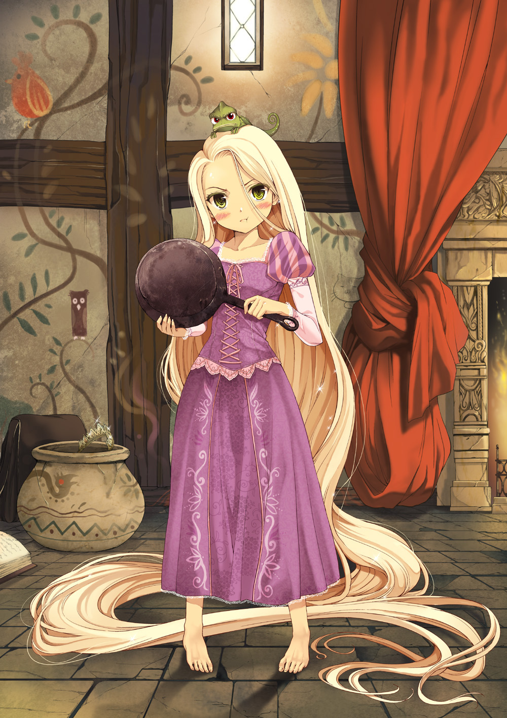 1girl :t absurdly_long_hair angry animification barefoot blonde_hair blush chameleon child crown disney dress feet female_focus flat_chest frying_pan highres long_hair looking_at_viewer pascal_(tangled) pout rapunzel_(disney) rapunzel_(fairy_tale) solo tangled tomozo_kaoru very_long_hair yellow_eyes