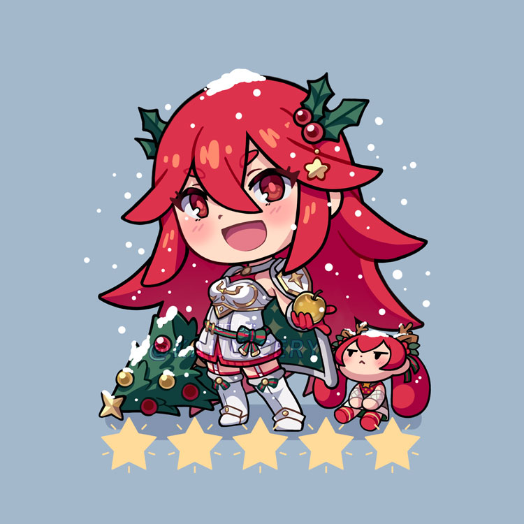 2girls :d apple armor blue_background boots chibi chibi_only christmas_tree commentary cordelia_(fire_emblem) cordelia_(winter)_(fire_emblem) dress english_commentary fire_emblem fire_emblem_awakening fire_emblem_fates fire_emblem_heroes food fruit golden_apple hair_between_eyes hair_ornament holding holding_food holding_fruit kaijuicery long_hair looking_at_viewer mother_and_daughter multiple_girls nintendo open_mouth red_dress red_eyes red_hair selena_(fire_emblem_fates) selena_(winter)_(fire_emblem_fates) shoulder_armor sleeveless smile snow star_(symbol) thigh_boots twintails twitter_username very_long_hair