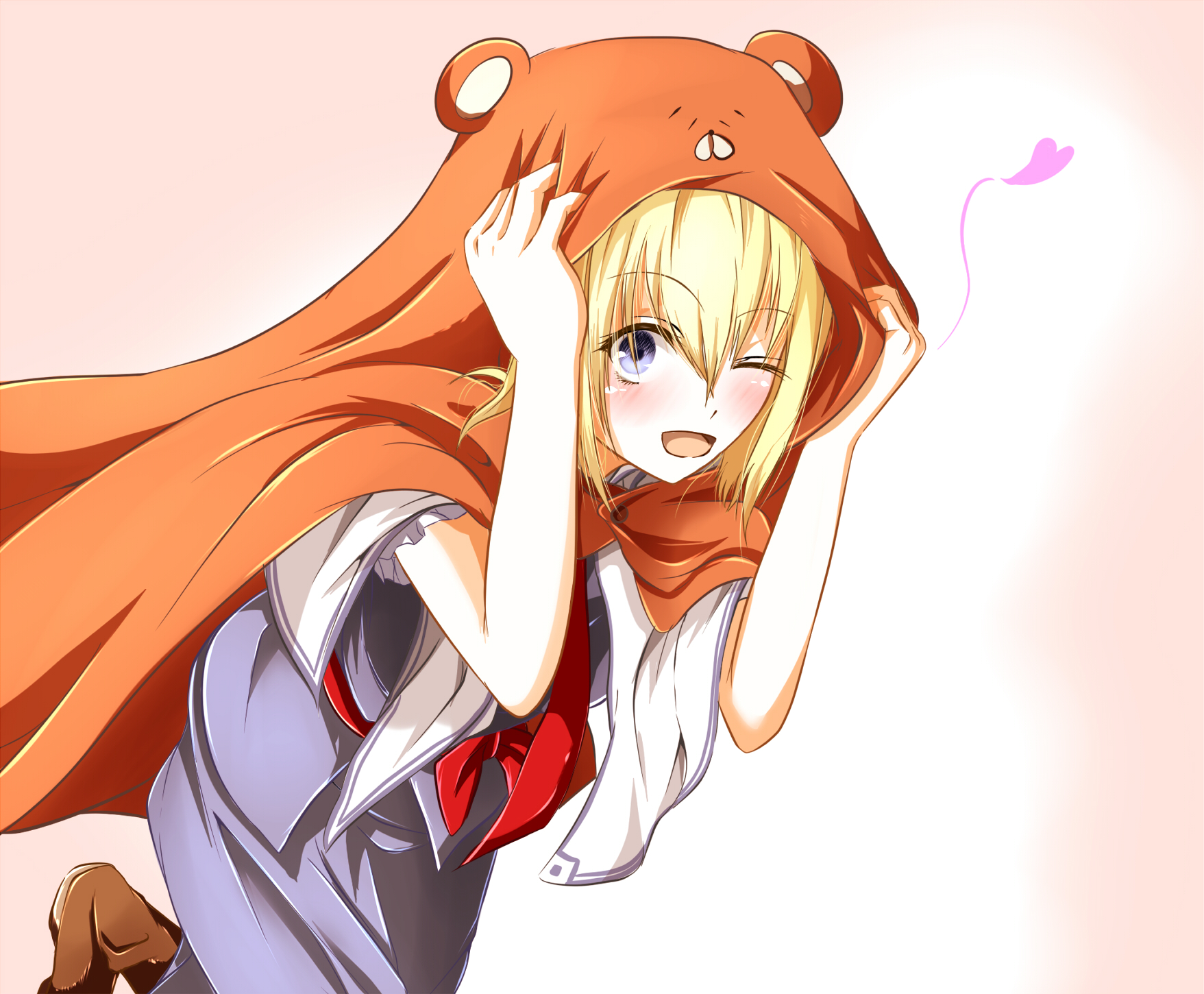 1girl :d alice_margatroid animal_hood bear_hood blonde_hair blue_eyes blue_shirt blue_skirt blush boots brown_boots cape capelet commentary_request cookie_(touhou) cosplay doma_umaru doma_umaru_(cosplay) foot_out_of_frame heart highres himouto!_umaru-chan hinase_(cookie) hood leaning_forward looking_at_viewer necktie one_eye_closed open_mouth orange_cape pink_background red_necktie red_sash sakuna_brownie sash shirt short_hair skirt skirt_set smile solo touhou walking white_background white_capelet