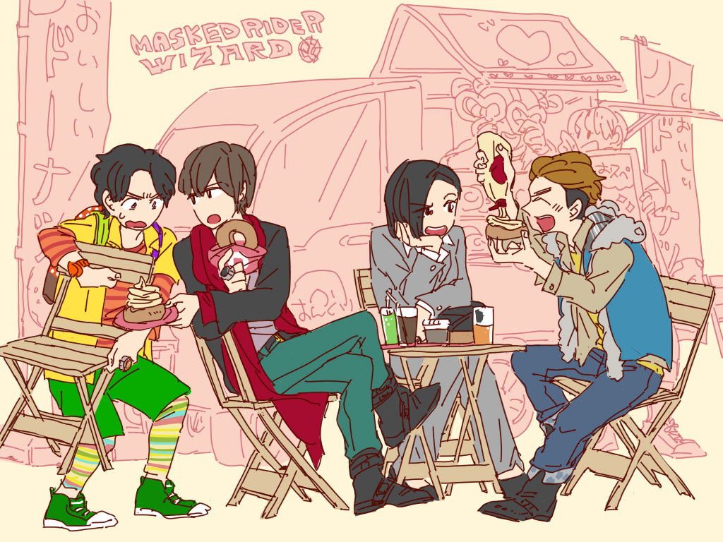 4boys backpack bag black_hair boots brown_hair chair copyright_name daimon_rinko donut doughnut_shop_manager folding_chair food fuu_(fukino10u) head_rest jacket jewelry kamen_rider kamen_rider_wizard_(series) mayonnaise multicolored_hair multiple_boys napkin nara_shunpei nitou_kousuke open_mouth ring ryuu_(kamen_rider_wizard) shoes sitting smile sneakers souma_haruto