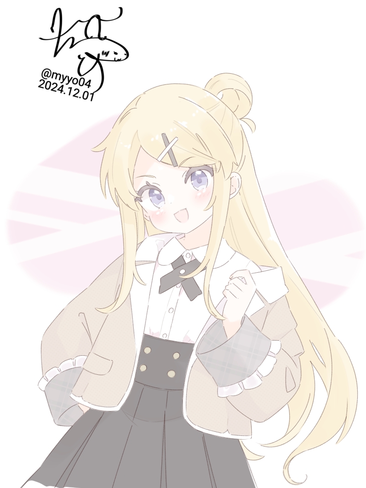 1girl alternate_costume black_skirt blonde_hair chame_(myyo04) cowboy_shot dated dot_nose frilled_sleeves frills grey_jacket hair_bun hair_ornament head_tilt high-waist_skirt jacket kin-iro_mosaic kujou_karen long_hair long_sleeves looking_at_viewer open_clothes open_jacket open_mouth purple_eyes shirt sidelocks signature simple_background single_hair_bun skirt smile solo twitter_username very_long_hair white_background white_shirt x_hair_ornament