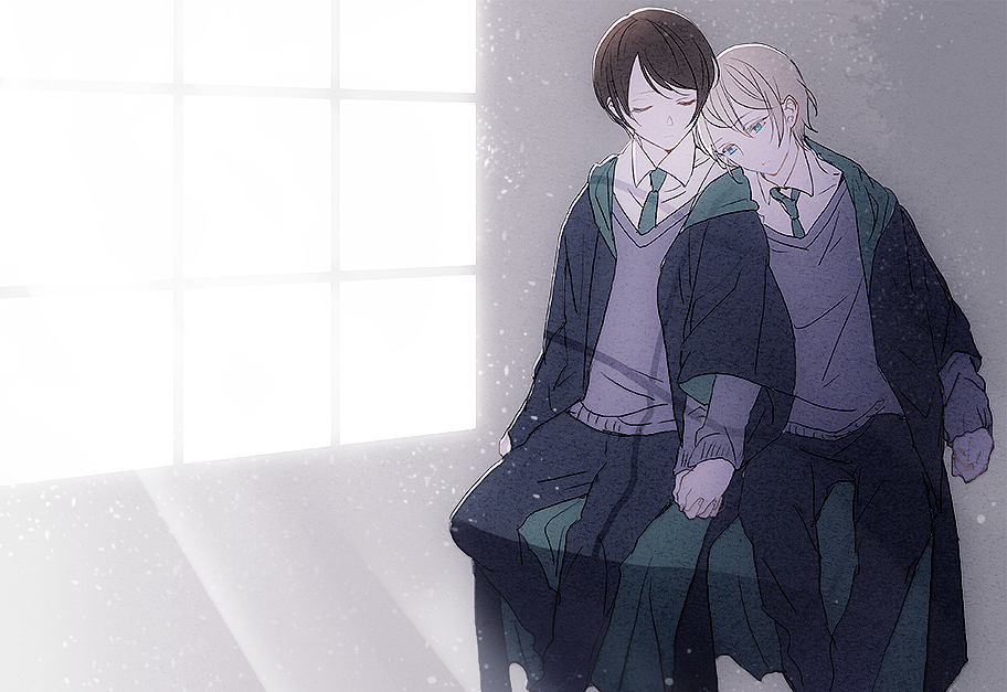 2boys albus_severus_potter black_hair black_robe blonde_hair blue_eyes closed_eyes harry_potter_(series) harry_potter_and_the_cursed_child hogwarts_school_uniform holding_hands ihiro multiple_boys robe school_uniform scorpius_malfoy short_hair sitting slytherin striped_neckwear wizarding_world