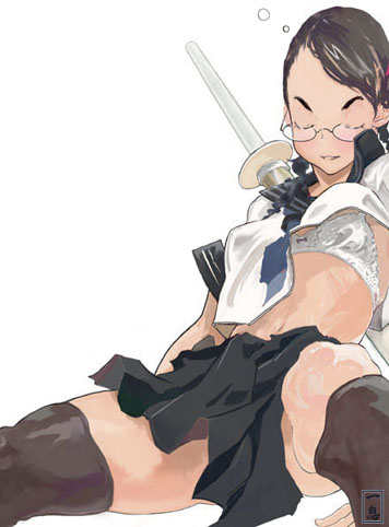 1girl bra closed_eyes female_focus glasses lingerie lowres maeda_hirotaka original school_uniform serafuku solo thighhighs underwear weapon