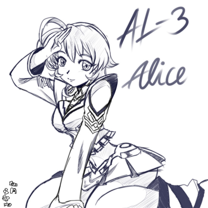 ahoge al-3_alice banpresto detached_sleeves greyscale kisaragi_laumne monochrome skirt solo super_robot_wars super_robot_wars_l