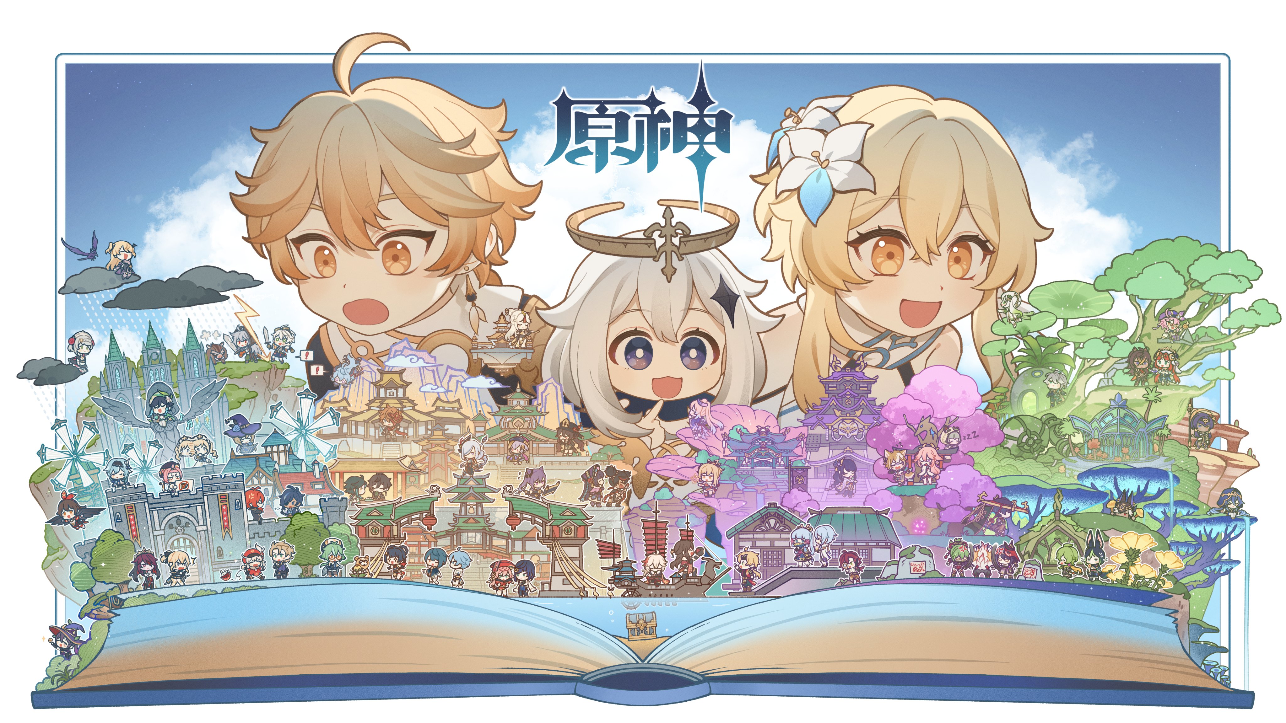 ! 6+boys 6+girls :3 :d absurdres aether_(genshin_impact) ahoge albedo_(genshin_impact) alhaitham_(genshin_impact) amber_(genshin_impact) arataki_itto ayaka_(genshin_impact) banner barbara_(genshin_impact) beidou_(genshin_impact) bennett_(genshin_impact) bibizbbibi black_eyes blonde_hair boar boat book candace_(genshin_impact) cherry_blossoms chongyun_(genshin_impact) cliff cloud collei_(genshin_impact) copyright_name cyno_(genshin_impact) diluc_(genshin_impact) diona_(genshin_impact) dori_(genshin_impact) earrings eula_(genshin_impact) everyone feather_earrings feathers fischl_(genshin_impact) flag flower flying_sweatdrops ganyu_(genshin_impact) genshin_impact gorou_(genshin_impact) guoba_(genshin_impact) hair_flower hair_ornament halo highres hu_tao_(genshin_impact) in-universe_location jade_chamber_(genshin_impact) jean_(genshin_impact) jewelry jumpy_dumpty kaedehara_kazuha kaeya_(genshin_impact) kamisato_ayato keqing_(genshin_impact) klee_(genshin_impact) kujou_sara kuki_shinobu layla_(genshin_impact) lisa_(genshin_impact) lumine_(genshin_impact) mini_person miniboy minigirl mona_(genshin_impact) mora_(genshin_impact) mountain multiple_boys multiple_girls mushroom nahida_(genshin_impact) nilou_(genshin_impact) ningguang_(genshin_impact) noelle_(genshin_impact) one_eye_closed open_mouth oz_(genshin_impact) paimon_(genshin_impact) palace pop-up_book qiqi_(genshin_impact) raiden_shogun razor_(genshin_impact) rosaria_(genshin_impact) ruin_golem_(genshin_impact) sangonomiya_kokomi sayu_(genshin_impact) scaramouche_(genshin_impact) scarf scroll shenhe_(genshin_impact) shikanoin_heizou sidelocks sky smile spoken_exclamation_mark statue_of_the_seven storm sucrose_(genshin_impact) tartaglia_(genshin_impact) thoma_(genshin_impact) thunder tighnari_(genshin_impact) town treasure_chest tree venti_(genshin_impact) water watercraft waterfall white_flower white_hair white_scarf windmill xiangling_(genshin_impact) xiao_(genshin_impact) xingqiu_(genshin_impact) xinyan_(genshin_impact) yae_miko yanfei_(genshin_impact) yelan_(genshin_impact) yellow_flower yoimiya_(genshin_impact) yun_jin_(genshin_impact) zhongli_(genshin_impact)
