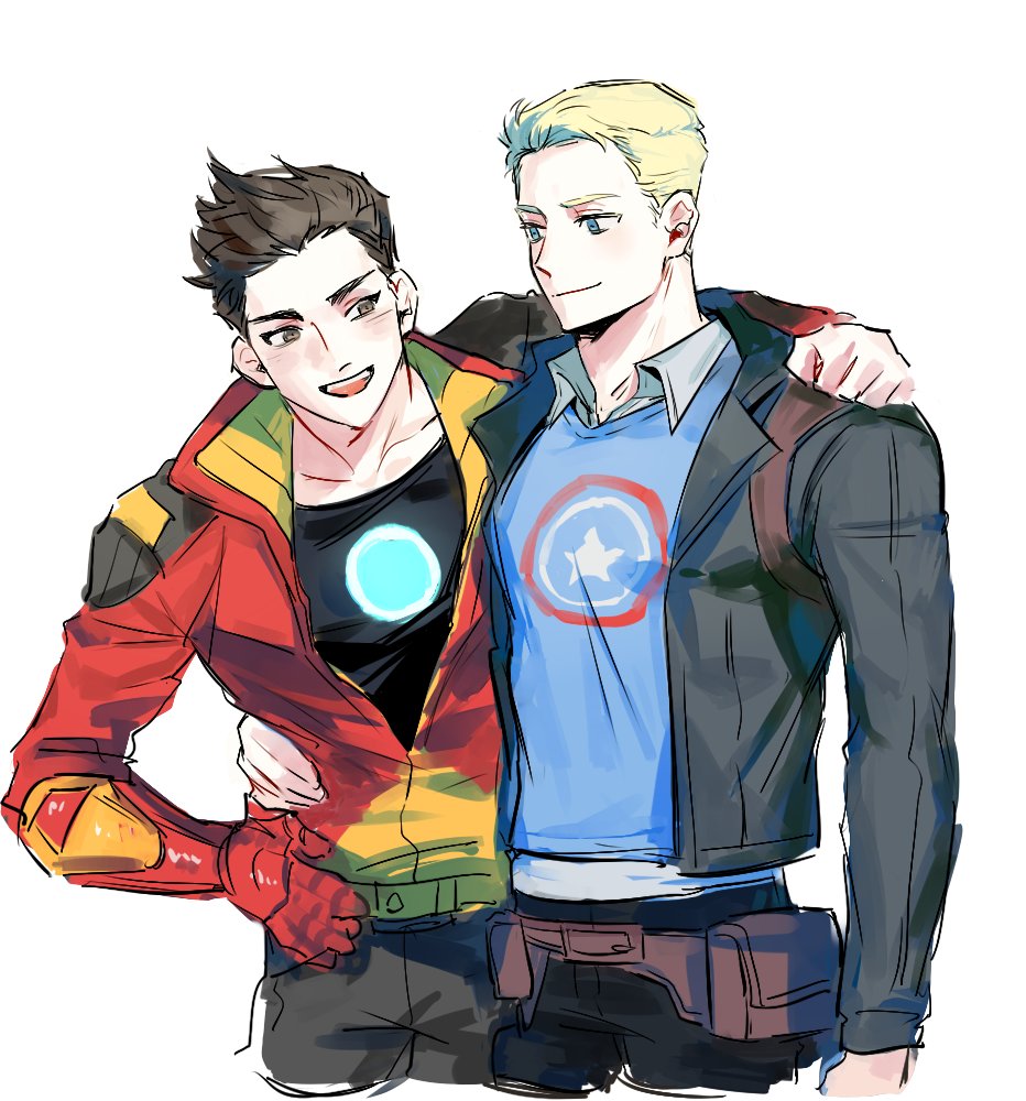 2boys animification arc_reactor arm_armor arm_up armor avengers_(series) avengers_academy belt black_shirt blonde_hair blue_eyes blue_pants blush brown_belt brown_eyes brown_hair closed_mouth collarbone collared_jacket collared_shirt commentary_request grey_jacket grey_pants hand_on_another&#039;s_shoulder hand_on_own_hip jacket korean_commentary long_sleeves looking_at_another male_focus marvel multicolored_jacket multiple_boys open_clothes open_jacket open_mouth pants pocket red_armor red_jacket rro_hr2 shirt short_hair simple_background smile standing star_(symbol) star_print steve_rogers t-shirt teeth tongue tony_stark two-tone_jacket white_background yellow_jacket