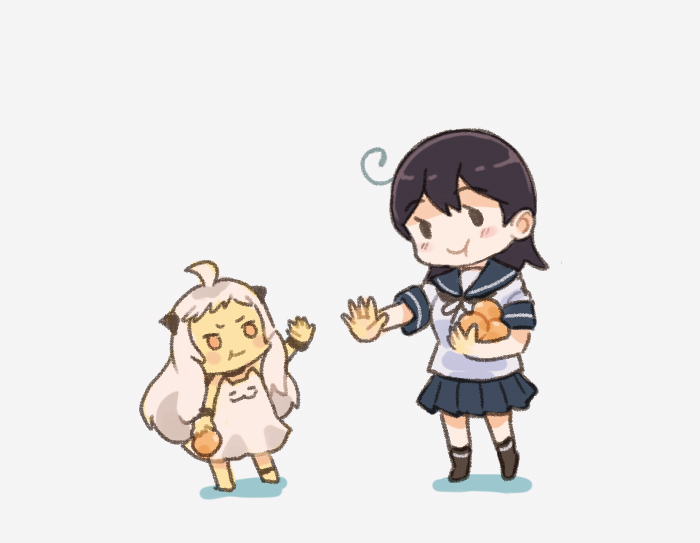 2girls abyssal_ship black_hair blue_sailor_collar blue_skirt colored_skin dress eating food fruit kantai_collection long_hair mandarin_orange multiple_girls northern_little_sister orange_eyes orange_skin pleated_skirt saiguchi_otoufu sailor_collar sailor_shirt shirt simple_background skirt solid_oval_eyes ushio_(kancolle) white_background white_dress white_shirt