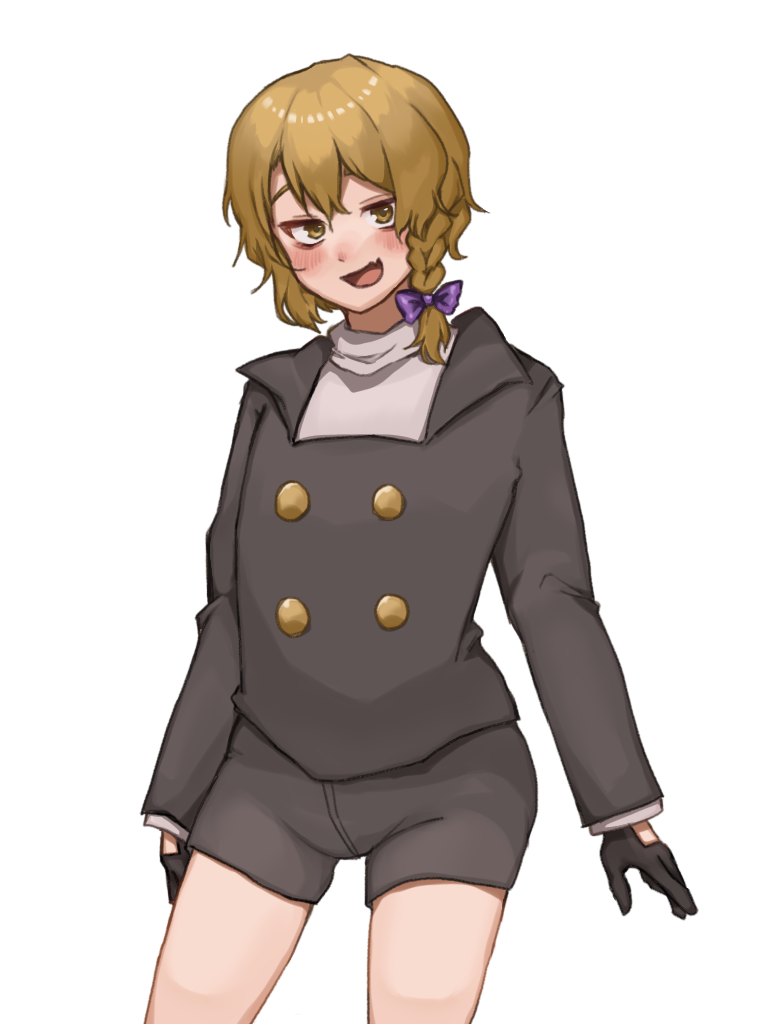 1boy alternate_hair_length alternate_hairstyle black_coat black_gloves black_shorts blonde_hair blush bow braid buttons coat commentary_request cookie_(touhou) cowboy_shot fang genderswap genderswap_(ftm) gloves hair_bow kirisame_marisa looking_at_viewer male_focus open_mouth purple_bow rei_(cookie) seiga shirt shishima_(a_a) short_hair shorts side_braid simple_background single_braid skin_fang smile solo touhou trap turtleneck turtleneck_shirt white_background white_shirt yellow_eyes