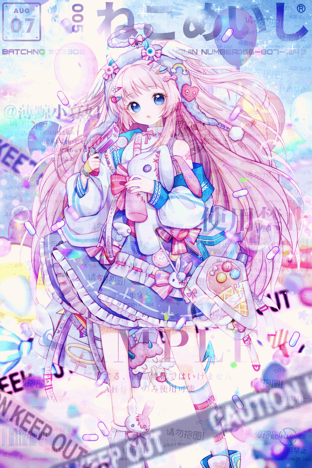 1girl :q ;q animated animated_gif asymmetrical_legwear bag bag_charm balloon beanie blinking blue_bag blue_boots blue_eyes blue_horns blue_skirt blue_sky blue_tail blunt_bangs boots boqing_xiao_guafu bow bowtie caution_tape charm_(object) chinese_commentary closed_mouth cloud cloud_halo commentary_request commission cross-laced_clothes cross-laced_top day demon_girl demon_horns demon_tail earflap_beanie eyelashes feet_out_of_frame flower food food-themed_bag food-themed_hair_ornament frilled_skirt frills gun hair_flower hair_ornament hairclip halo handgun hat hat_bow hat_ornament heart heart_hat_ornament highres holding holding_gun holding_stuffed_toy holding_weapon horn_ornament horn_ribbon horns horns_through_headwear ice_cream ice_cream_cone jacket kneehighs light_blush long_hair miniskirt mismatched_legwear one_eye_closed open_clothes open_jacket original parted_lips pill pink_bow pink_bowtie pink_hair pink_halo pink_ribbon planet_hair_ornament pleated_skirt pom_pom_(clothes) purple_hat rainbow rainbow_hat_ornament ribbon ribbon-trimmed_jacket ribbon-trimmed_skirt ribbon_trim sample_watermark shirt shoulder_bag single_bare_shoulder single_kneehigh single_sock skirt sky sleeveless sleeveless_shirt smile socks solo sparkle standing strawberry_hair_ornament striped_bow stuffed_animal stuffed_rabbit stuffed_toy tail tongue tongue_out too_many_watermarks transparent_bag turtleneck turtleneck_shirt two_side_up very_long_hair watermark weapon weibo_watermark white_flower white_jacket white_shirt white_socks winking_(animated)