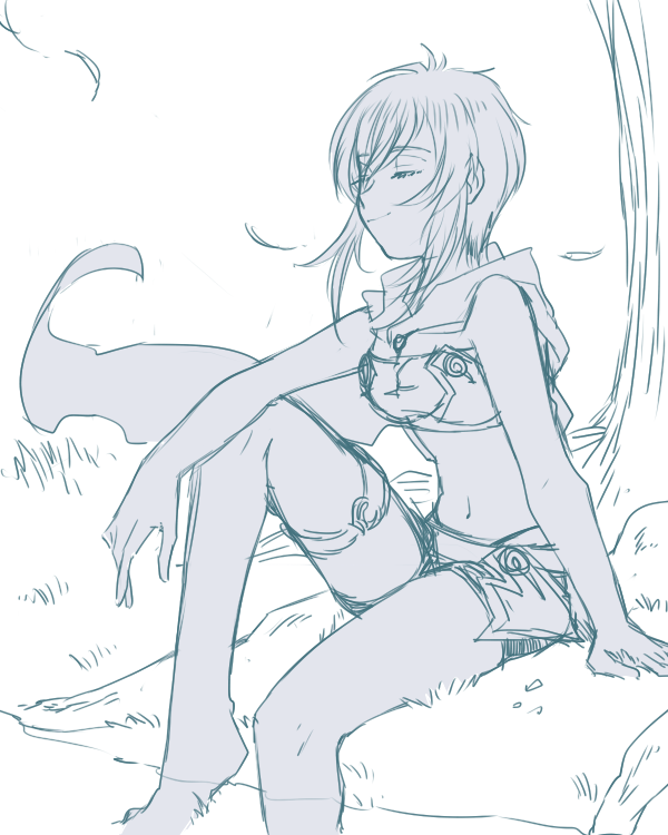 1girl bare_shoulders barefoot belt breasts closed_eyes female_focus medium_breasts midriff monochrome navel rondorine_e._effenberg scarf short_hair short_shorts shorts smile solo tales_of_(series) tales_of_phantasia:_narikiri_dungeon tales_of_phantasia:_narikiri_dungeon_x water