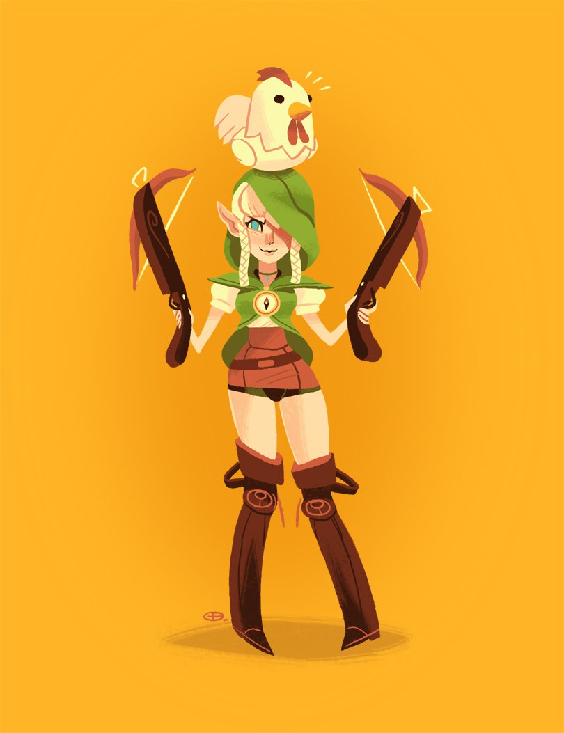 1girl animal animal_on_head belt bird bird_on_head blonde_hair blue_eyes boots bow_(weapon) braid braided_sidelock brown_footwear commentary crossbow cucco dual_wielding english_commentary full_body glen_brogan holding holding_crossbow holding_weapon hood hood_up hyrule_warriors jewelry linkle looking_at_viewer necklace nintendo on_head one_eye_covered orange_background pointy_ears shadow simple_background standing the_legend_of_zelda twin_braids weapon