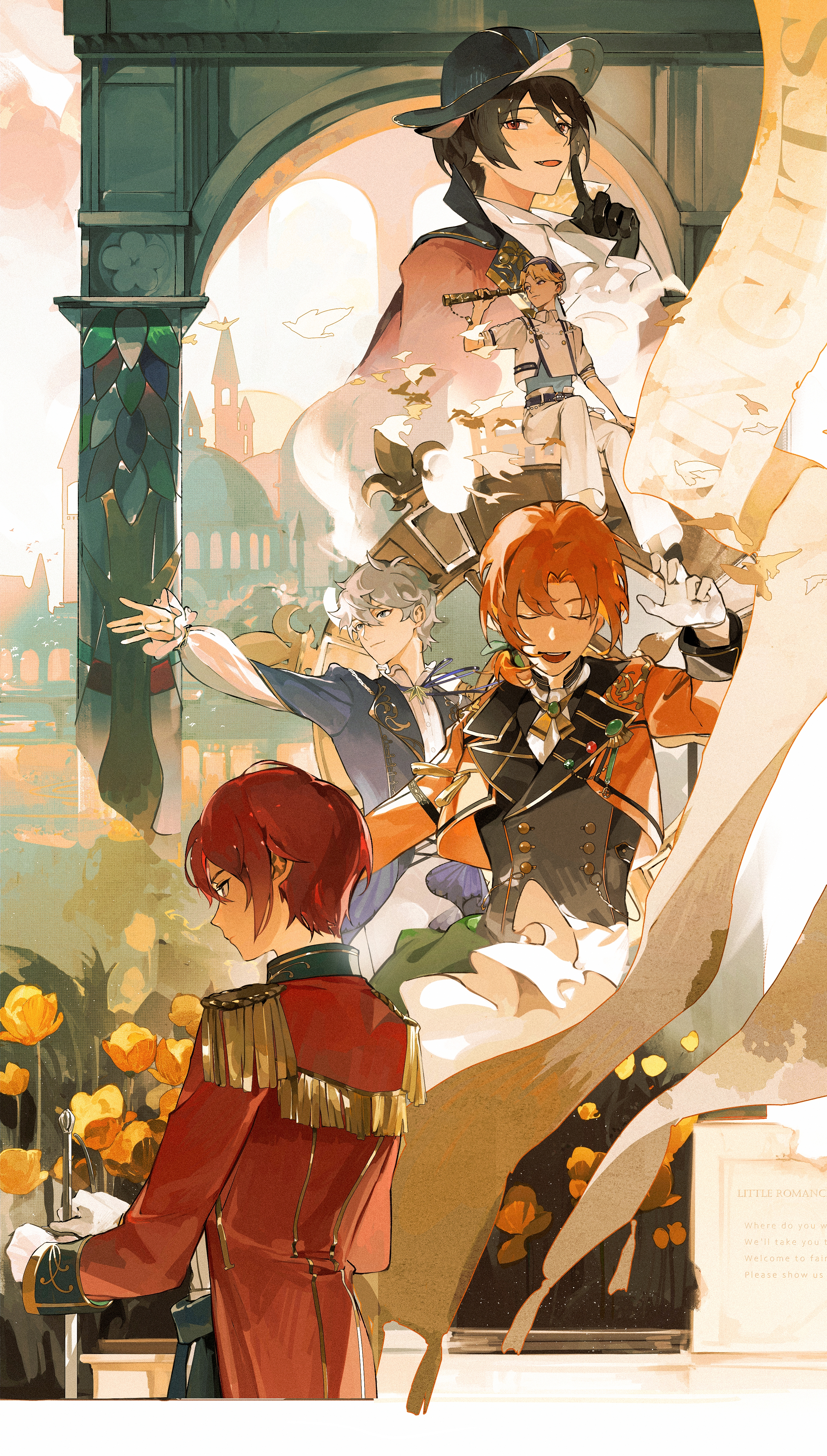 5boys absurdres animal_ears architecture back black_gloves black_hair black_jacket blonde_hair blue_eyes blue_jacket cat_boy cat_ears closed_eyes cropped_jacket ensemble_stars! epaulettes flower_bush gloves grey_hair hair_between_eyes hat highres holding holding_telescope jacket knights_(ensemble_stars!) long_sleeves male_focus meowsketeers_(ensemble_stars!) multiple_boys multiple_views narukami_arashi orange_hair orange_jacket pants purple_eyes red_eyes red_hair red_jacket sakuma_ritsu sena_izumi_(ensemble_stars!) shirt short_hair shule_de_yu silent_oath_(ensemble_stars!) suou_tsukasa telescope tsukinaga_leo white_gloves white_jacket