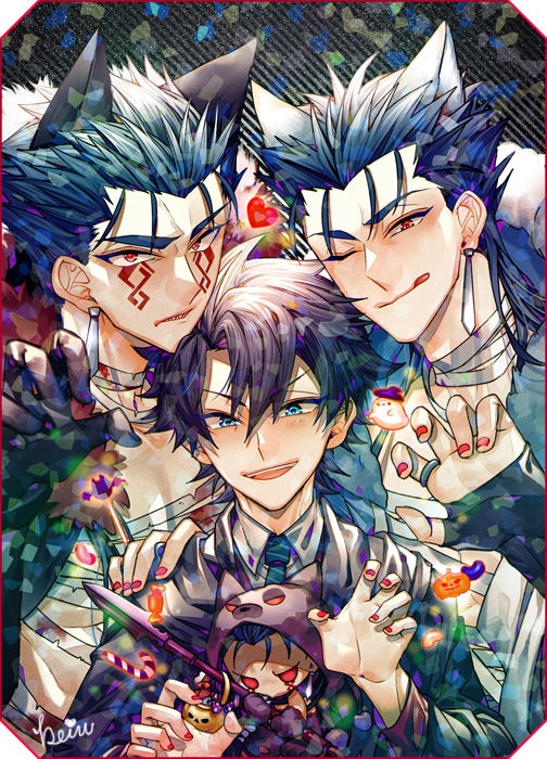 animal_ears bandaged_neck bandages black_hair blue_eyes blue_hair candy cape capelet chaldea_uniform commentary cu_chulainn_(caster)_(fate) cu_chulainn_(fate) cu_chulainn_(fate/stay_night) cu_chulainn_alter_(fate) cu_chulainn_alter_(fate/grand_order) earrings facepaint facial_mark fate/grand_order fate_(series) fingernails food fujimaru_ritsuka_(male) fur-trimmed_hood fur_trim gloves halloween halloween_bucket heart holding hood hooded_capelet jelly_bean jewelry ji_yu long_hair long_sleeves looking_at_viewer male_focus mini_cu-chan_(fate) multiple_boys nail_polish necktie open_mouth orange_nails pectorals red_eyes ring short_hair signature smile spiked_hair tattoo teeth weapon wolf_ears