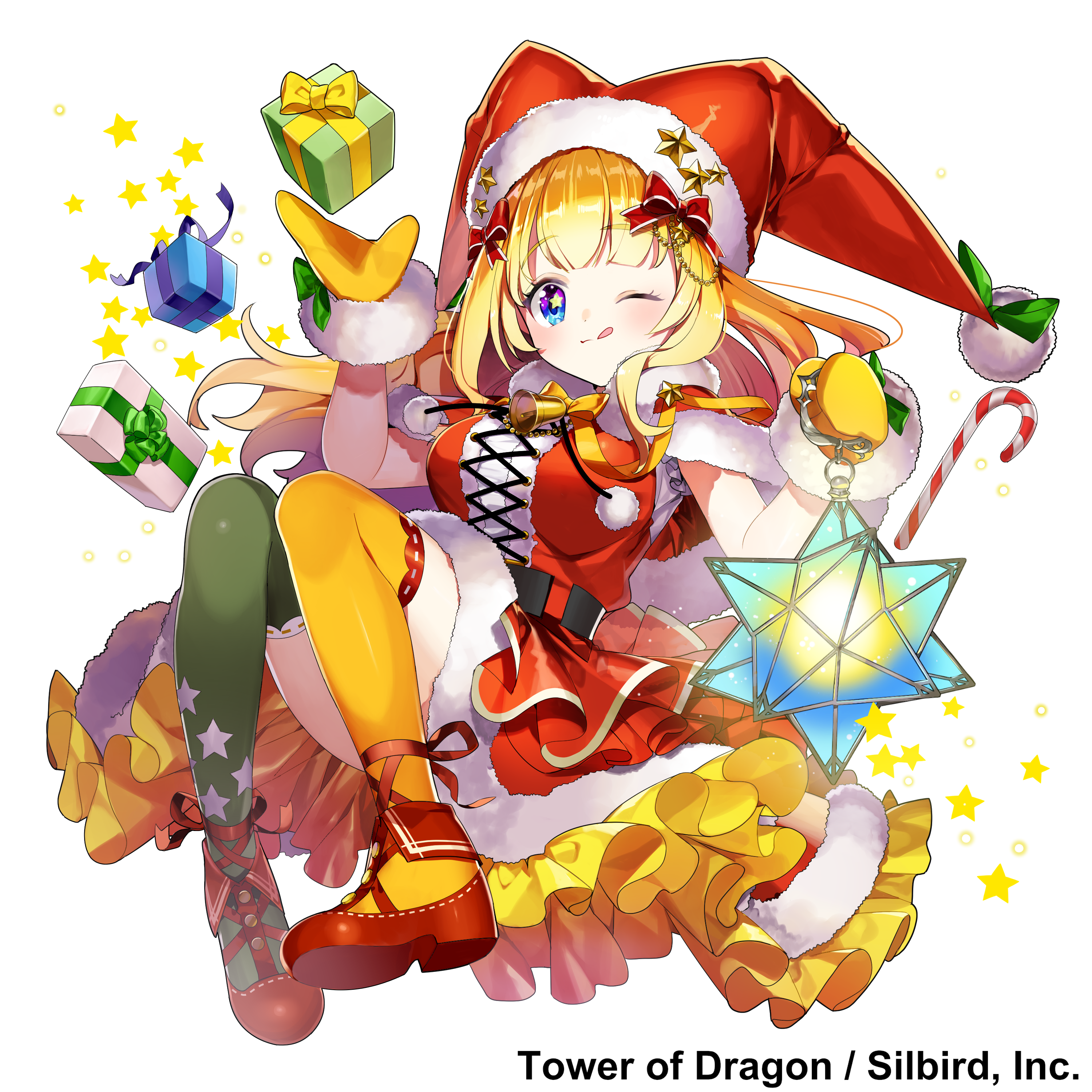 1girl :q absurdres asymmetrical_legwear blonde_hair blue_eyes bow candy candy_cane capelet closed_mouth copyright_name dress female_focus floating_hair food full_body fur_trim gift green_bow hands_up hat hat_pin highres long_hair looking_at_viewer masyu_yuyu mismatched_legwear official_art one_eye_closed red_capelet red_dress red_hat red_shoes red_skirt santa_hat shoes simple_background skirt smile solo star_(symbol) symbol_in_eye thighhighs tongue tongue_out tower_of_dragon watermark white_background