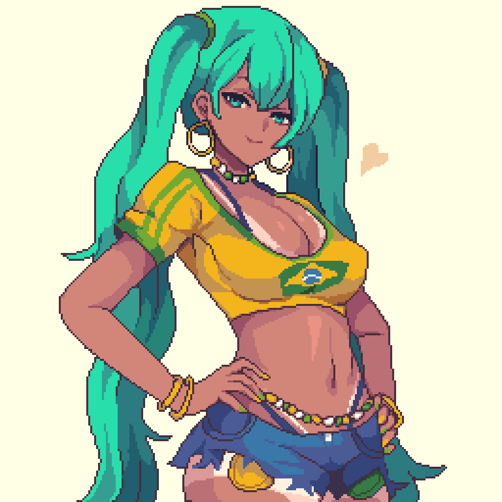 1girl alternate_breast_size aqua_eyes aqua_hair bead_choker beads belly_chain bikini bikini_tan bikini_under_clothes blue_bikini blue_shirt borrowed_design bracelet brazil brazilian_flag brazilian_flag_print brazilian_miku breasts cleavage closed_mouth cowboy_shot crop_top cropped_shirt cutoffs dark-skinned_female dark_skin denim denim_shorts double_vertical_stripe earrings exposed_pocket flag_print from_side gold_bracelet gold_earrings green_nails hair_between_eyes hair_tie hands_on_own_hips hatsune_miku heart highleg highleg_bikini hoop_earrings jewelry large_breasts long_hair looking_at_viewer looking_to_the_side lowleg lowleg_shorts midriff nail_polish navel pixel_art pixelcadete scoop_neck shirt short_sleeves shorts shorts_tan simple_background smile solo standing swimsuit tan tanline twintails very_long_hair vocaloid yellow_background yellow_nails