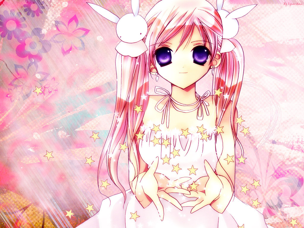 1girl bare_shoulders blue_eyes dress earrings female_focus hair_ornament jewelry koge_donbo long_hair looking_at_viewer misha misha_(pita_ten) pink_hair pita_ten rabbit_hair_ornament solo star_(symbol) twintails upper_body