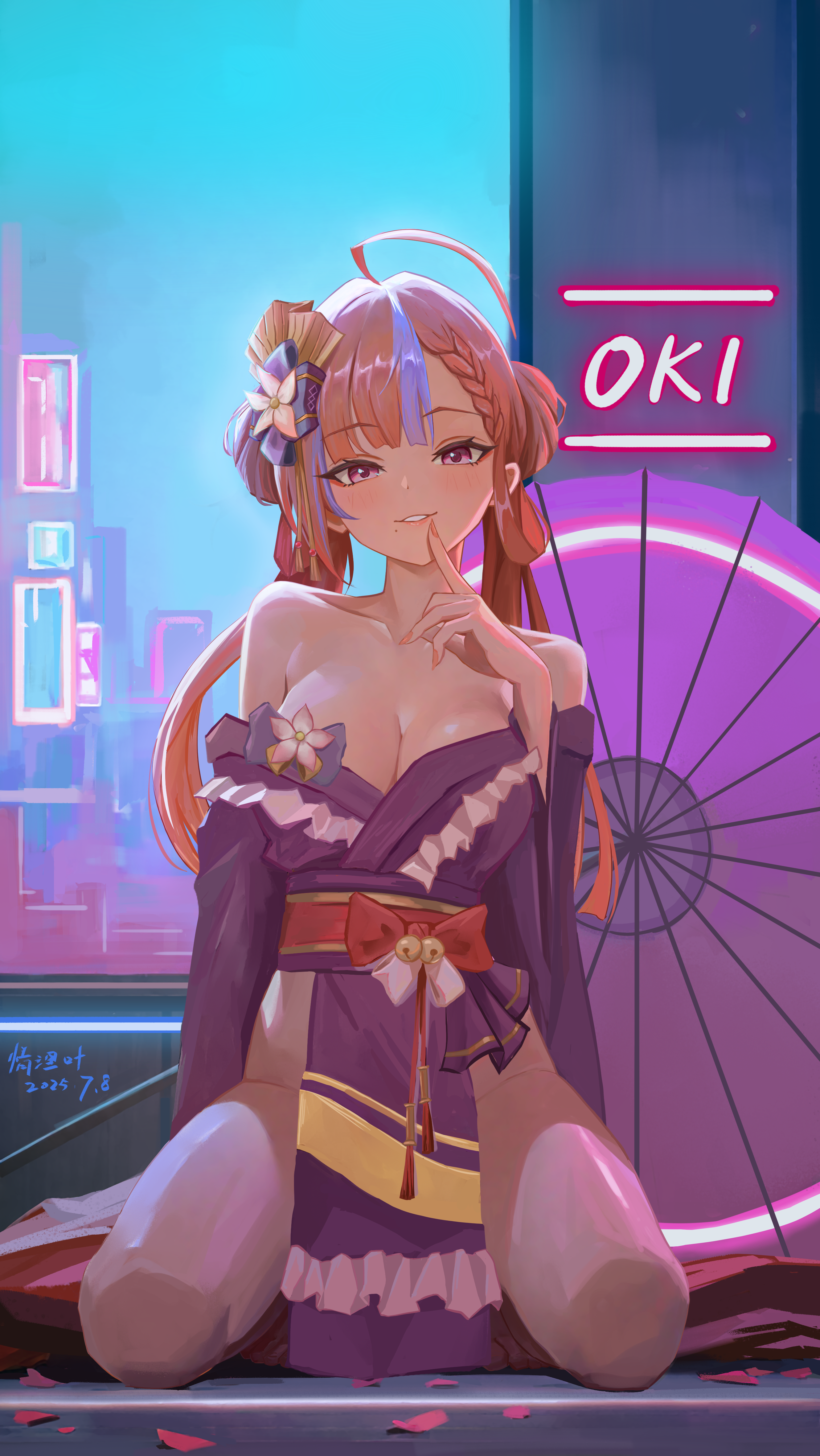 1girl absurdres ahoge asymmetrical_bangs blunt_bangs blush borrowed_character braid braided_bangs breasts brown_hair character_name cleavage commission commissioner_upload dated finger_to_mouth fingernails highres japanese_clothes kimono kneeling long_hair looking_at_viewer mole mole_under_mouth multicolored_hair nail_polish non-web_source oil-paper_umbrella original purple_hair purple_kimono qingli_ye signature smile solo twintails two-tone_hair umbrella