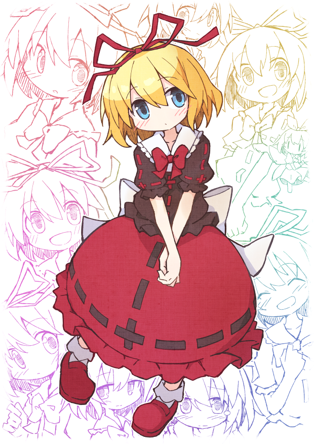 2girls asameshi back_bow black_shirt blonde_hair blue_eyes blush bow commentary frills full_body hair_ribbon own_hands_clasped looking_at_viewer medicine_melancholy multiple_girls multiple_views own_hands_together red_footwear red_neckwear red_ribbon red_skirt ribbon shirt shoes short_hair short_sleeves skirt smile socks su-san touhou white_bow white_legwear